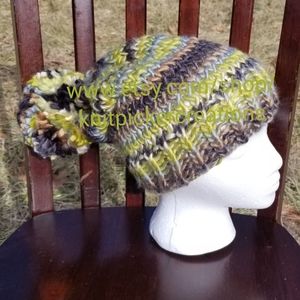 Multi-Green Striped Hat with Pom Pom
